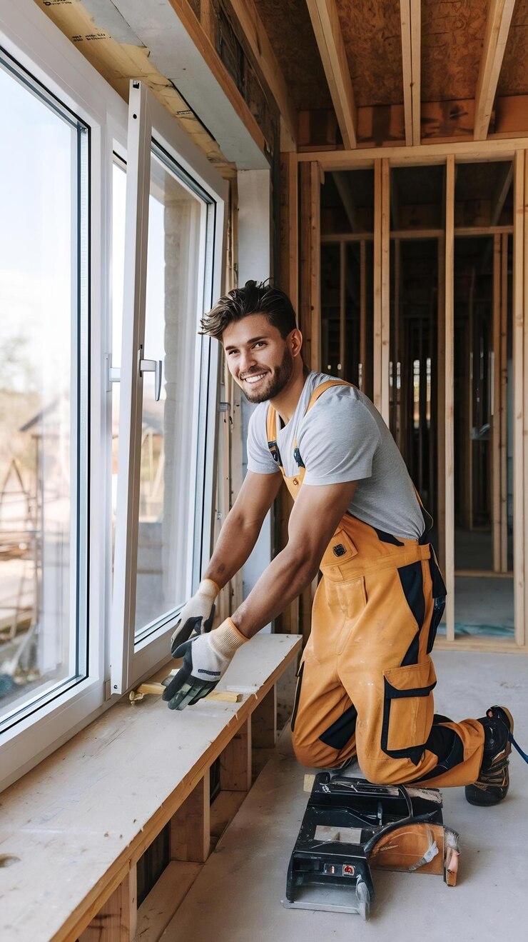 Handsome young man installing bay window new house construction site 1346048 62152