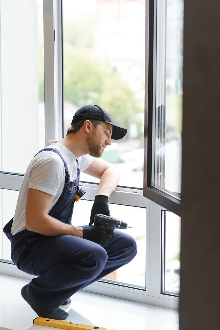 Service man installing window with measure tape 255667 52938