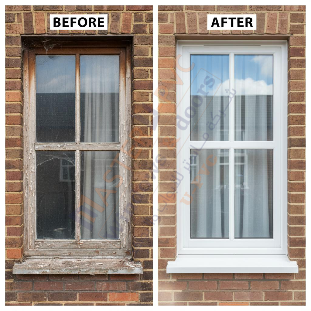قبل × بعد كيف غيّر شباك upvc منزلك في يومٍ واحد دليلك من شركة ماستر للأبواب والشبابيك upvc؟