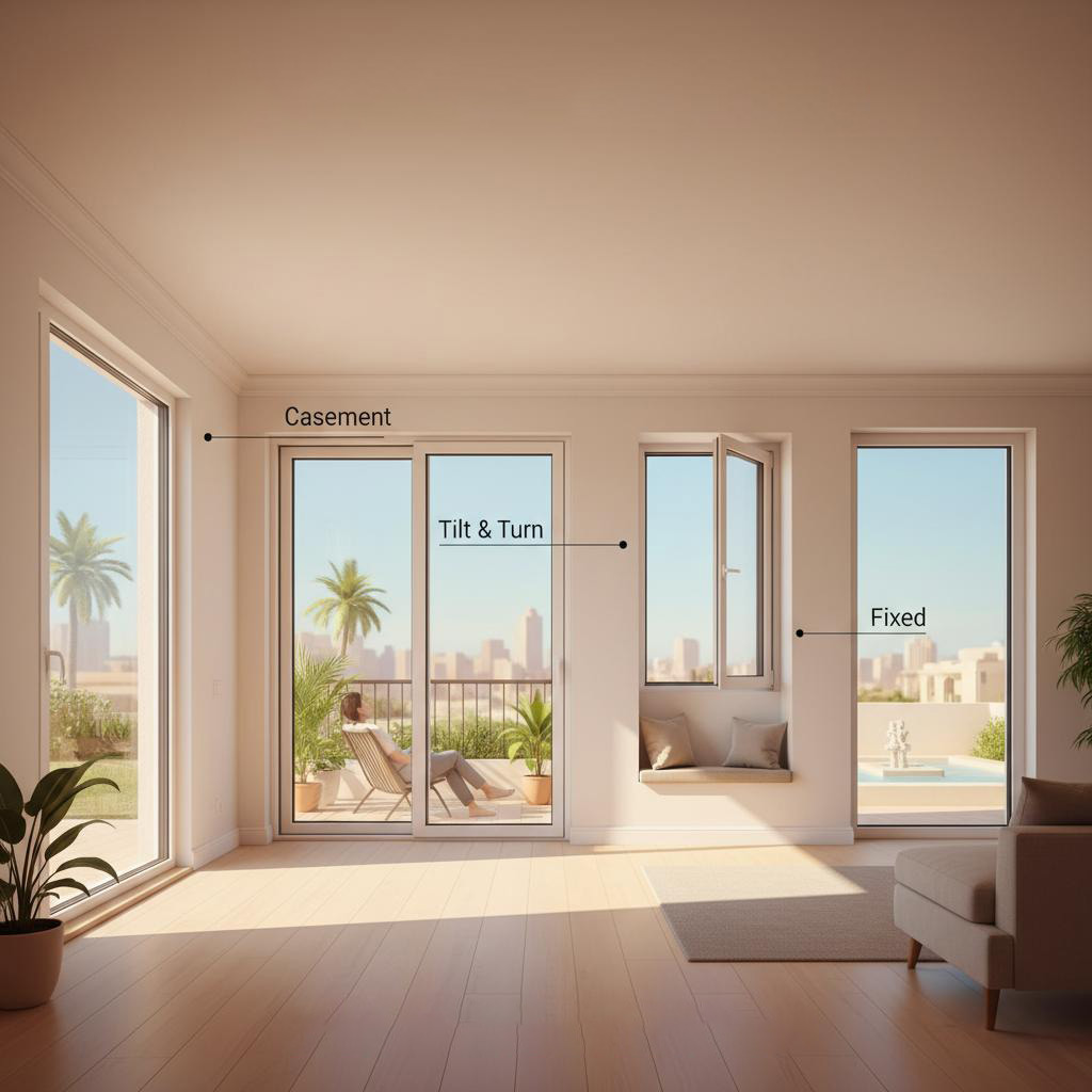 دليلك لاختيار أفضل أنواع نوافذ upvc في مصر 2025 من المفصلي إلى القلاب
